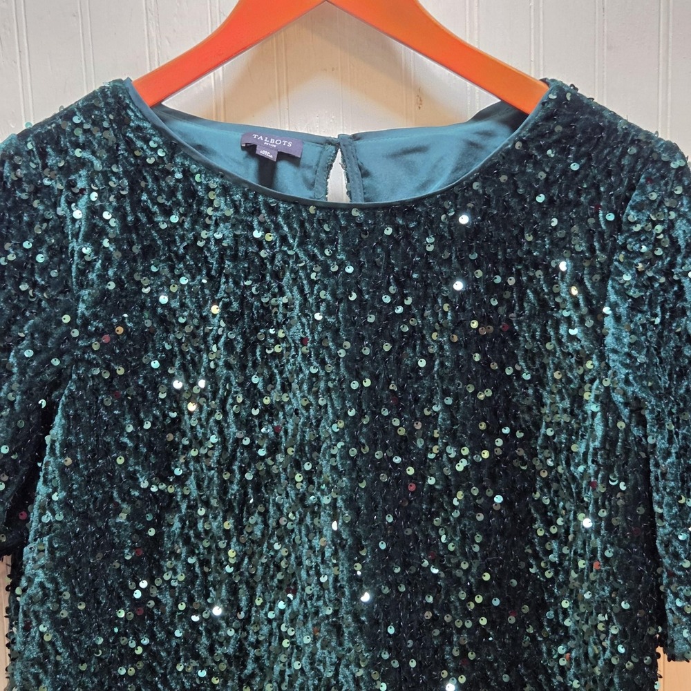 Talbots Blouse Womens Petite MP Green Sequin Velvet‎ Short Sleeve Party Top